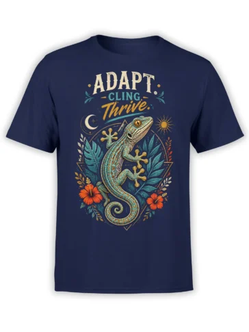 colorful gecko t-shirt with tropical flowers and Adapt Cling Thrive artwork on navy
