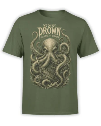 Vintage octopus wrapping around a sinking ship on an olive green T-shirt with nautical text