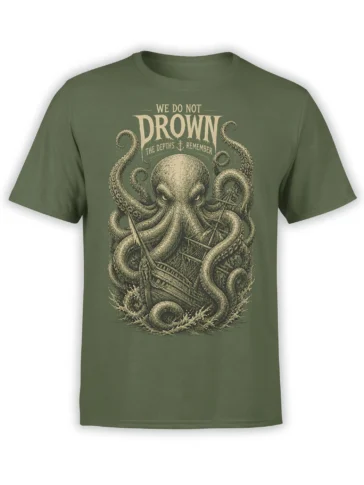 Vintage octopus wrapping around a sinking ship on an olive green T-shirt with nautical text