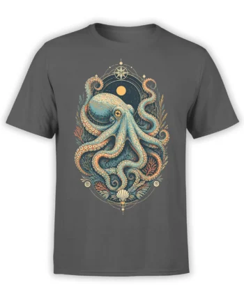 Celestial octopus graphic with coral, shell, and compass details on a gray T-shirt