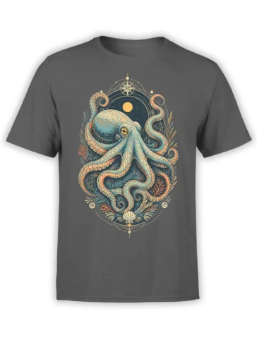 Celestial octopus graphic with coral, shell, and compass details on a gray T-shirt