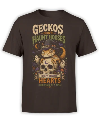 Brown gecko T-shirt with a wizard gecko sitting on a skull among ghosts, bats, mushrooms, and stars