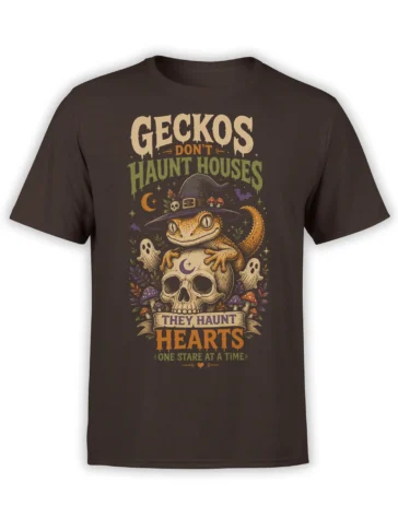 Brown gecko T-shirt with a wizard gecko sitting on a skull among ghosts, bats, mushrooms, and stars
