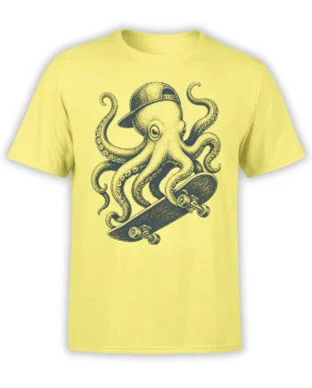 Vintage octopus wearing a backward cap and riding a skateboard on a yellow T-shirt