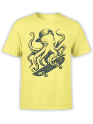 Vintage octopus wearing a backward cap and riding a skateboard on a yellow T-shirt