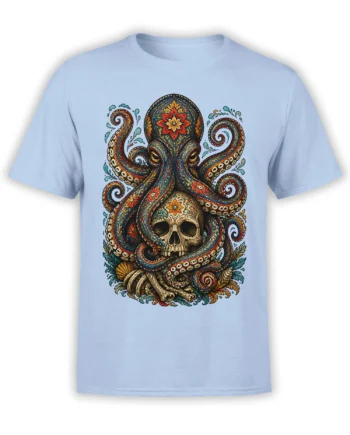 Ornate octopus wrapped around a floral skull on a light blue graphic T-shirt