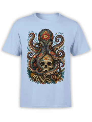 Ornate octopus wrapped around a floral skull on a light blue graphic T-shirt