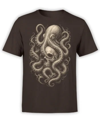 Dark brown octopus skull T-shirt with curling tentacles and detailed vintage-style cream artwork