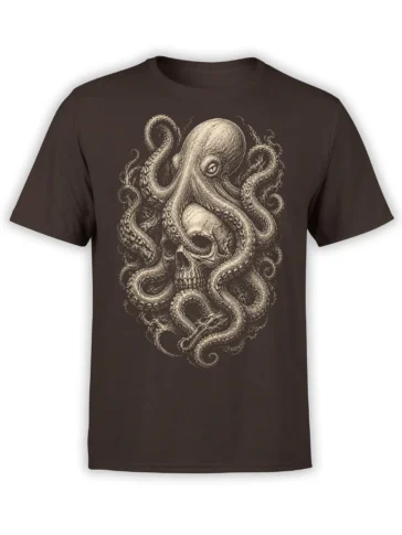 Dark brown octopus skull T-shirt with curling tentacles and detailed vintage-style cream artwork