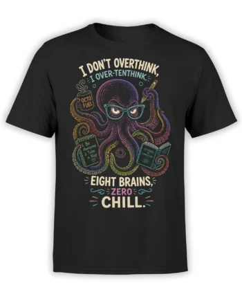 Colorful octopus with glasses, coffee, books, and overthinking text on a black T-shirt