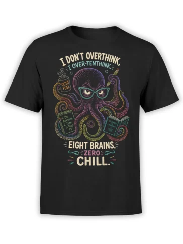 Colorful octopus with glasses, coffee, books, and overthinking text on a black T-shirt