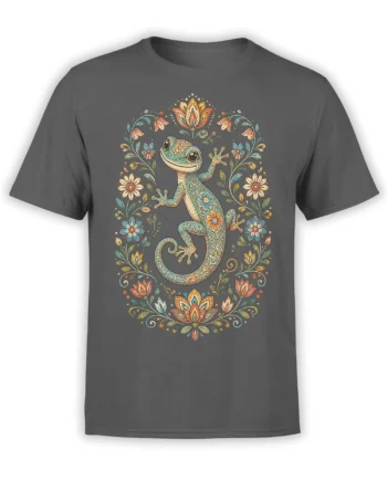 Ornate turquoise gecko with colorful flowers and vines printed on a gray T-shirt