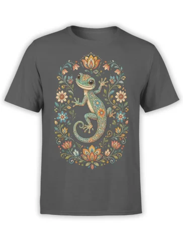 Ornate turquoise gecko with colorful flowers and vines printed on a gray T-shirt