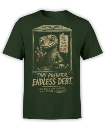 Green T-shirt with a distressed gecko terrarium design and the message Tiny Predator Endless Debt