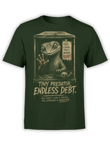 Green T-shirt with a distressed gecko terrarium design and the message Tiny Predator Endless Debt