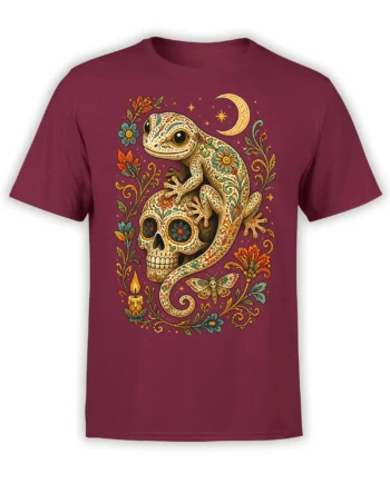 Ornate gecko curled around a floral skull with a crescent moon on a burgundy T-shirt