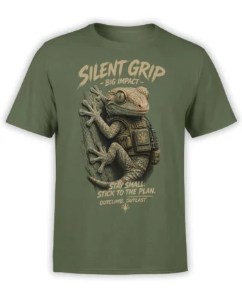 Realistic gecko climbing graphic with tactical vest and “Silent Grip” lettering on a green T-shirt