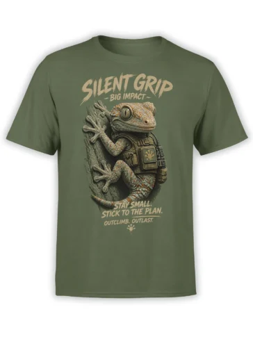 Realistic gecko climbing graphic with tactical vest and “Silent Grip” lettering on a green T-shirt
