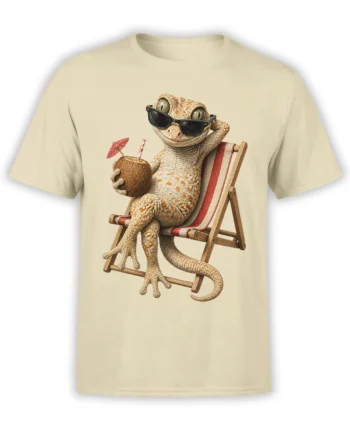 Beige T-shirt featuring a relaxed lizard in sunglasses holding a coconut drink on a beach chair