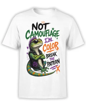 colorful punk lizard in sunglasses and a spiked vest with bold break-the-pattern lettering on a white T-shirt