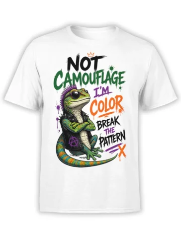 colorful punk lizard in sunglasses and a spiked vest with bold break-the-pattern lettering on a white T-shirt