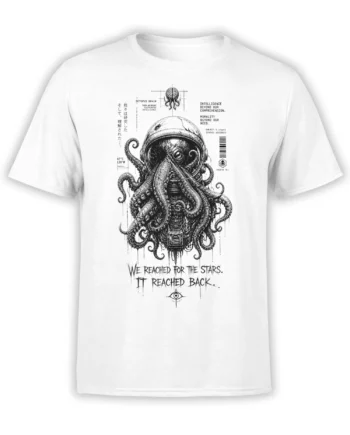 White octopus astronaut T-shirt with floating brain, technical diagram details, and cosmic warning text