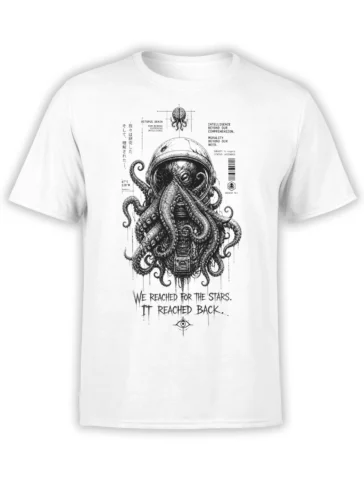 White octopus astronaut T-shirt with floating brain, technical diagram details, and cosmic warning text