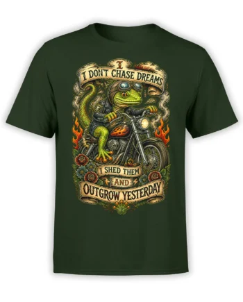 Green lizard biker riding a motorcycle with flames, flowers, and vintage message banners on a green shirt