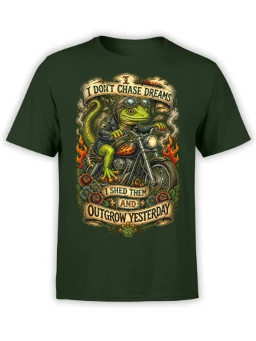 Green lizard biker riding a motorcycle with flames, flowers, and vintage message banners on a green shirt