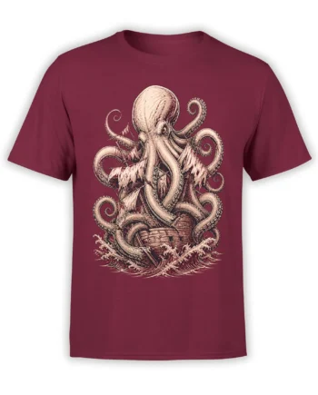 Vintage octopus wrapping around a wooden sailing ship above crashing waves on a burgundy T-shirt