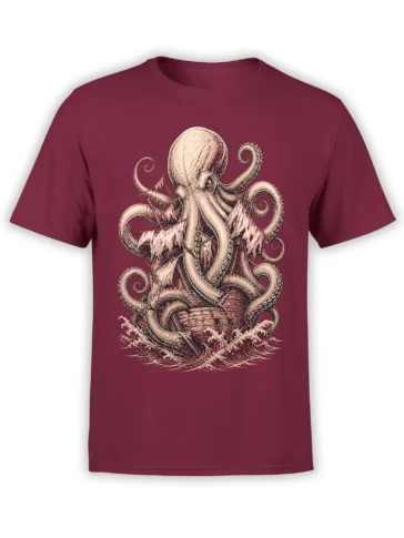 Vintage octopus wrapping around a wooden sailing ship above crashing waves on a burgundy T-shirt