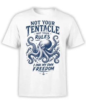 White octopus T-shirt with navy tentacles, chains, anchor, and “I Ink My Own Freedom” lettering
