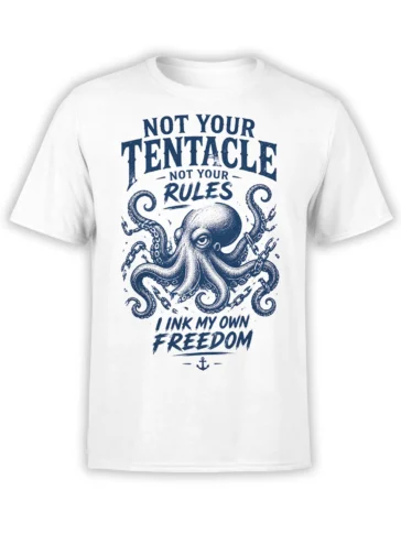 White octopus T-shirt with navy tentacles, chains, anchor, and “I Ink My Own Freedom” lettering