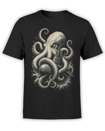 Vintage-style octopus with curling tentacles and nautical detail printed on a black T-shirt