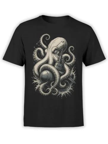 Vintage-style octopus with curling tentacles and nautical detail printed on a black T-shirt