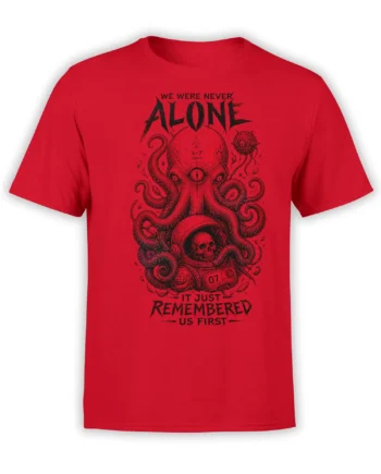 Red octopus T-shirt with tentacles, a space helmet, skull detail, and “We Were Never Alone” artwork