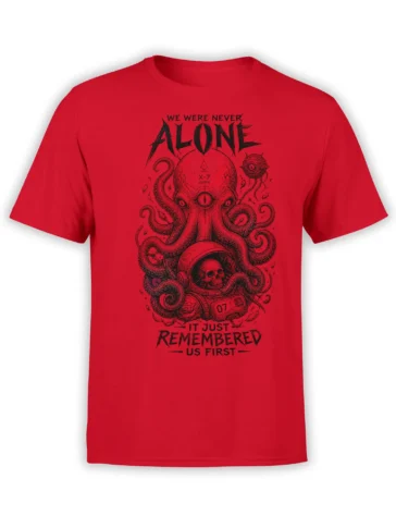 Red octopus T-shirt with tentacles, a space helmet, skull detail, and “We Were Never Alone” artwork
