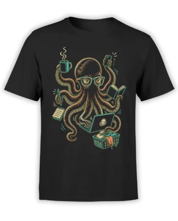 Bespectacled octopus multitasking with coffee, books, laptop, and laundry on a black T-shirt