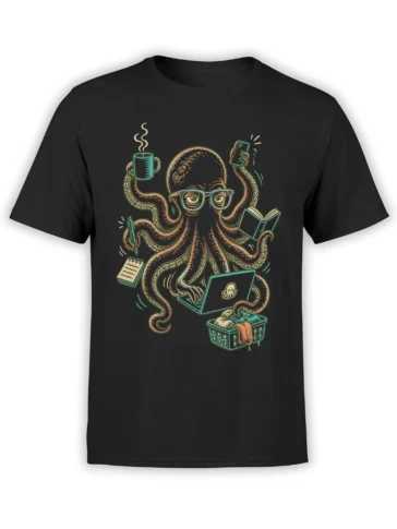 Bespectacled octopus multitasking with coffee, books, laptop, and laundry on a black T-shirt