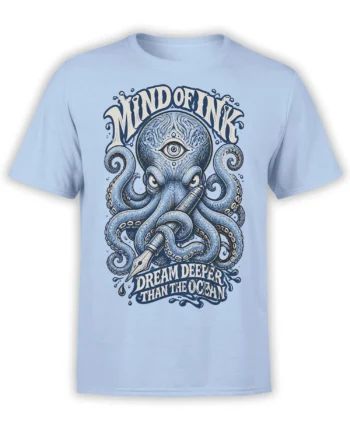 Light blue octopus t-shirt with fountain pen, eye symbol, and “Dream Deeper Than the Ocean” lettering