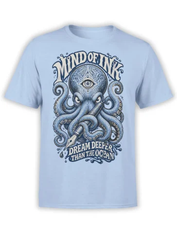 Light blue octopus t-shirt with fountain pen, eye symbol, and “Dream Deeper Than the Ocean” lettering