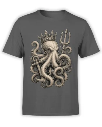 Crowned octopus wearing a detailed royal crown with trident and anchors on a gray T-shirt