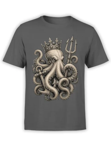 Crowned octopus wearing a detailed royal crown with trident and anchors on a gray T-shirt