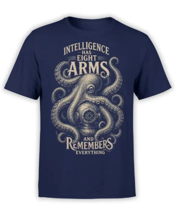 Vintage octopus and diving helmet graphic with “Intelligence Has Eight Arms” text on a navy T-shirt