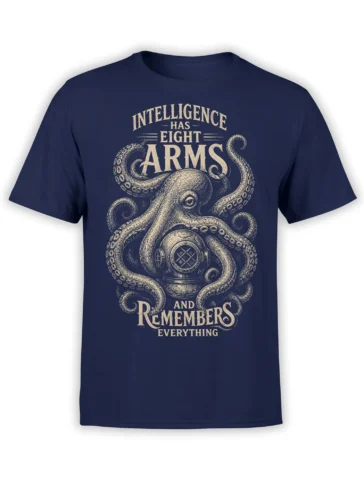 Vintage octopus and diving helmet graphic with “Intelligence Has Eight Arms” text on a navy T-shirt