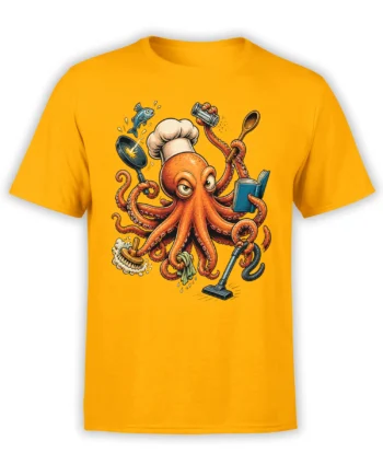Orange octopus chef juggling a pan, spoon, book, brush, cloth, and vacuum on a yellow T-shirt