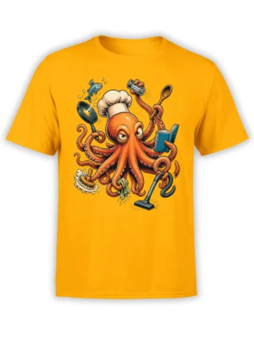 Orange octopus chef juggling a pan, spoon, book, brush, cloth, and vacuum on a yellow T-shirt