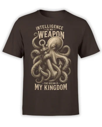 Vintage octopus gripping an anchor on a dark brown T-shirt with bold nautical lettering