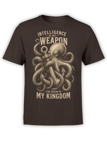 Vintage octopus gripping an anchor on a dark brown T-shirt with bold nautical lettering