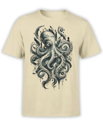Detailed blue-gray octopus graphic with curling tentacles on a beige T-shirt